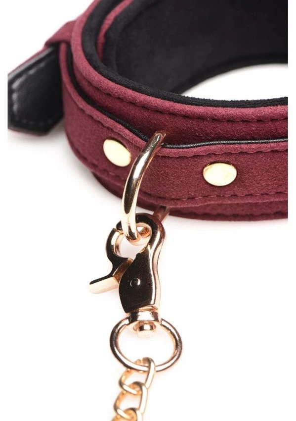 Choker En Velours Doublé Avec Laisse - Bordeaux Et Doré 2 Choker En Velours Doublé Avec Laisse - Bordeaux Et Doré – Image 2