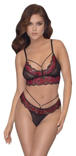 Ensemble De Lingerie En Résille Et Dentelle Rouge Et Noire