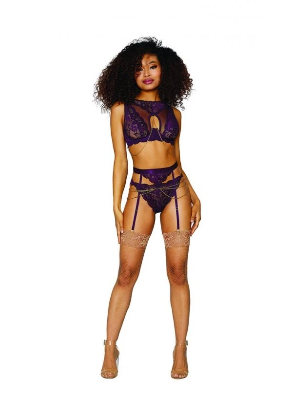 Ensemble De Lingerie En Dentelle Violette Avec Bijoux Dorés 1 Ensemble De Lingerie En Dentelle Violette Avec Bijoux Dorés