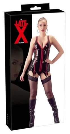 Guêpière En Latex - Rouge Et Noire -Maison Close Magasin guepiere latex noir rouge packaging