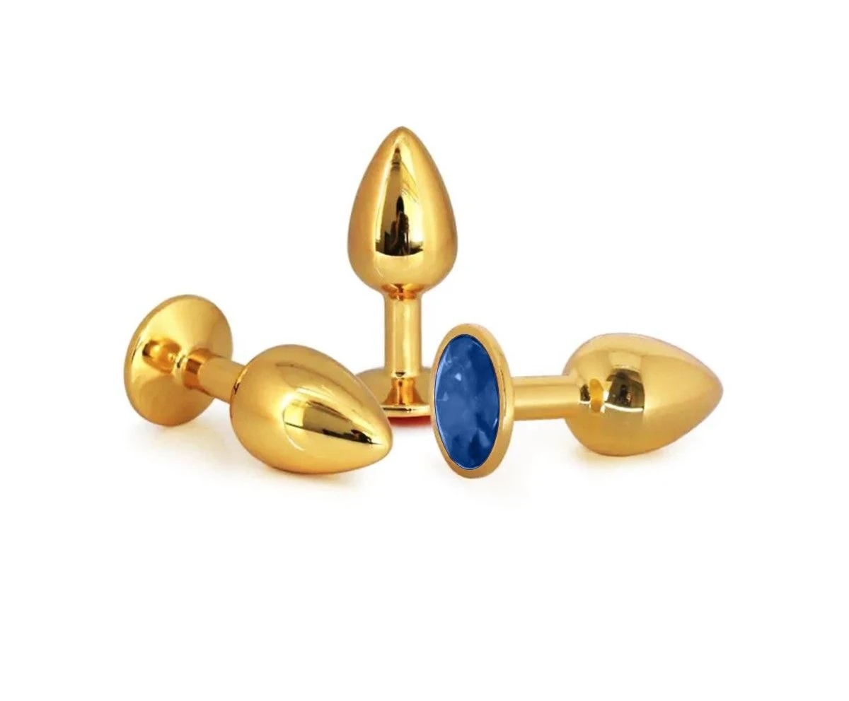 Plug Anal En Aluminium Doré Avec Cristal Bleu - Taille L 2 Plug Anal En Aluminium Doré Avec Cristal Bleu - Taille L – Image 2