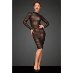 Noir Handmade Robe Longue En Résille Transparente à Rayures