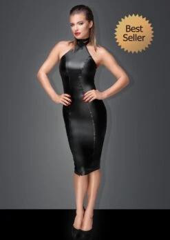 Noir Handmade Robe Longue En Wetlook Avec Col Choker -Maison Close Magasin robe longue wetlook choker anneau 1