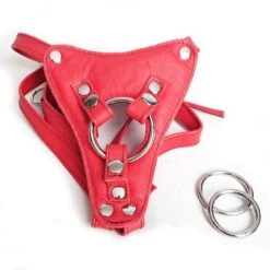 Harnais Pour Gode-ceinture Avec Attaches D-Ring - Cuir Souple Rouge -Maison Close Magasin strapon rouge ouvert anneaux seul 1